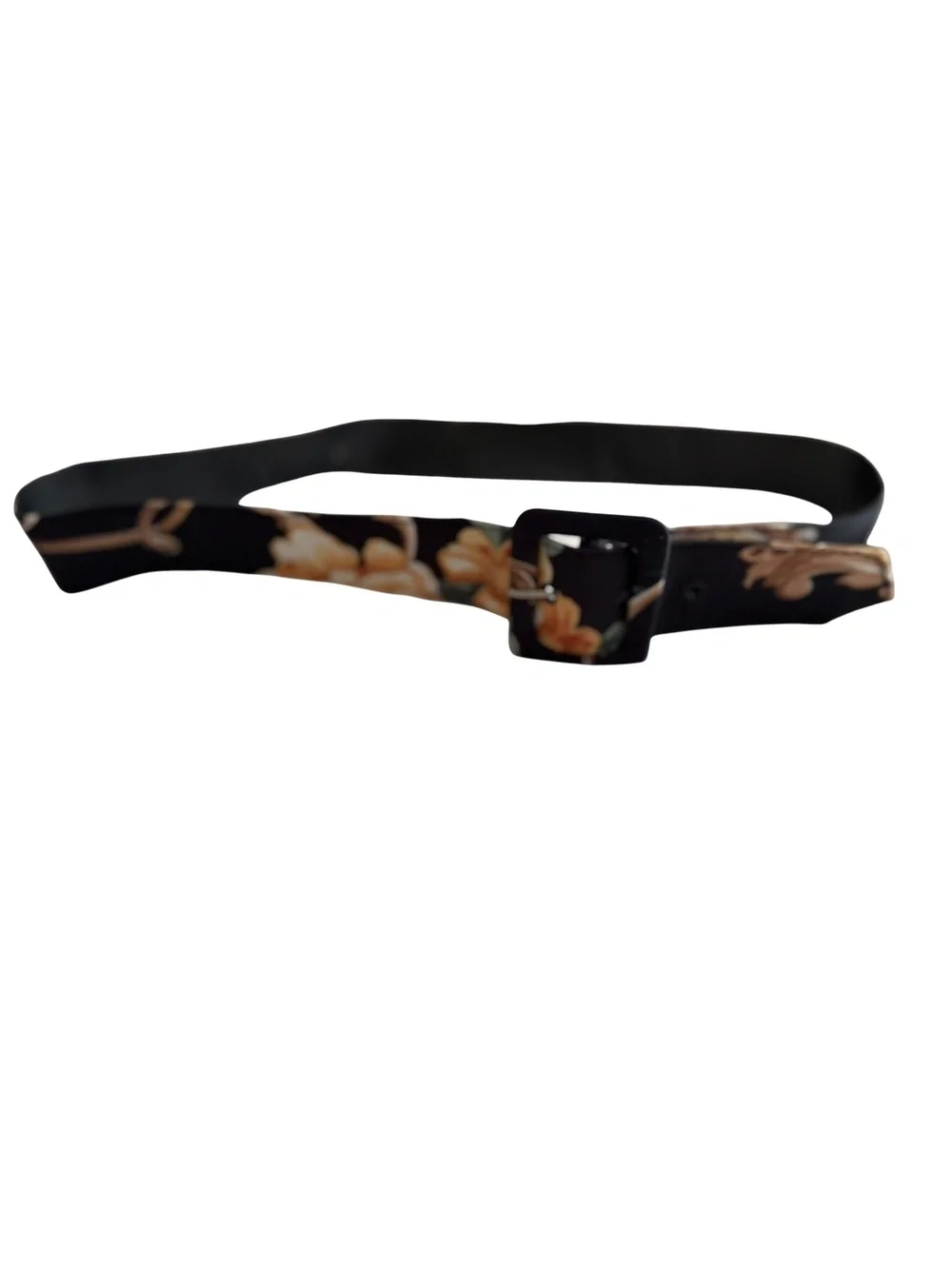 Vintage Black Floral Fabric Belt with Square Buckle Size Large